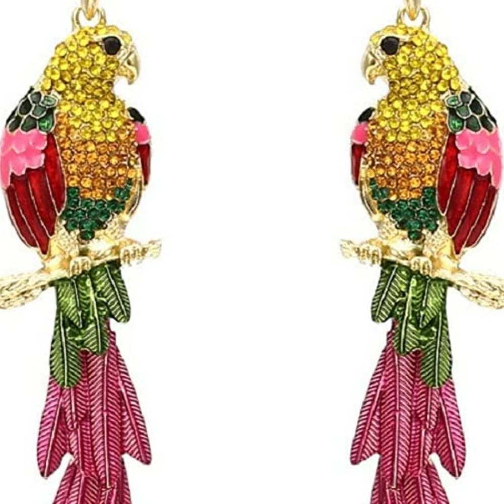 Host Pick! "Lory" glamorous rhinestone parrot tropical colorful earrings